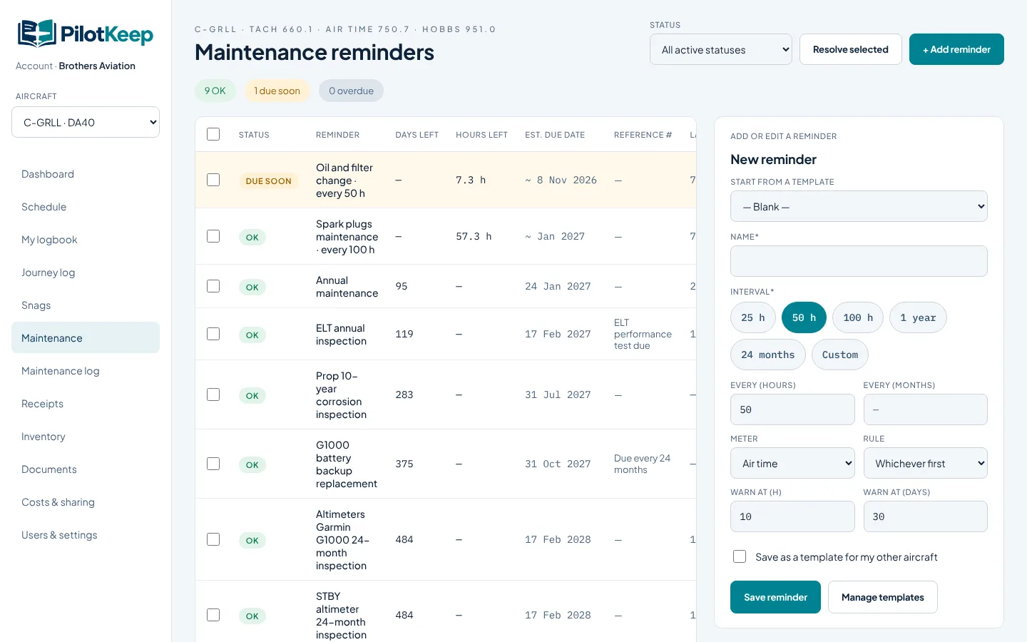 Maintenance reminders with oil and filter change due in 7.3 hours