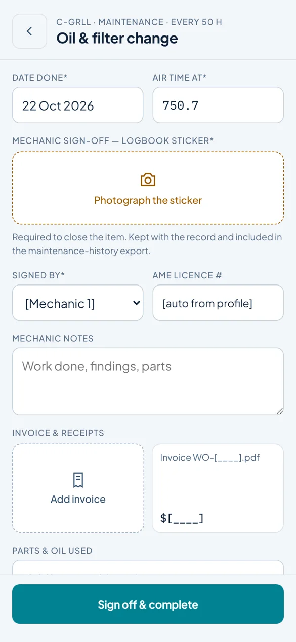 Phone sign-off screen with sticker photo, mechanic notes and invoice