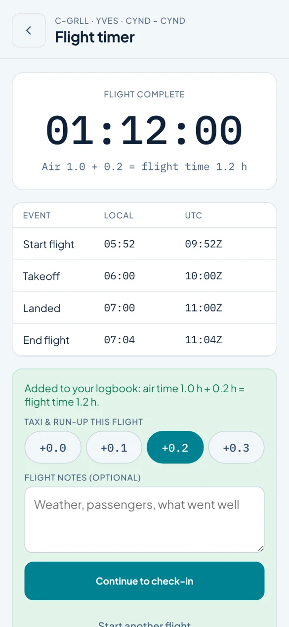 Flight timer after a flight with local and UTC stamps
